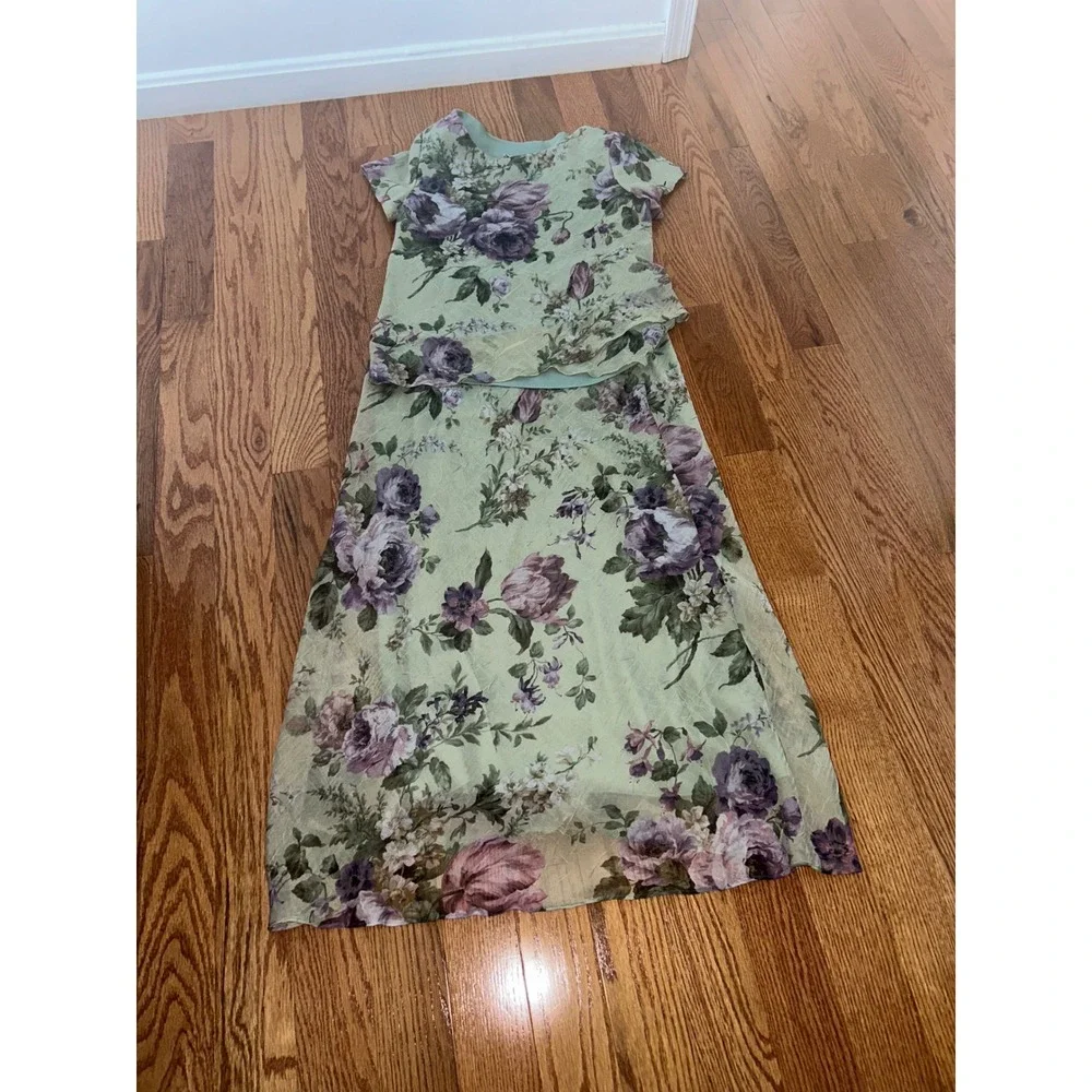 Jessica Howard Sage Green Floral 2 Piece Skirt Set Maxi Dress Sz 12 Made in USA